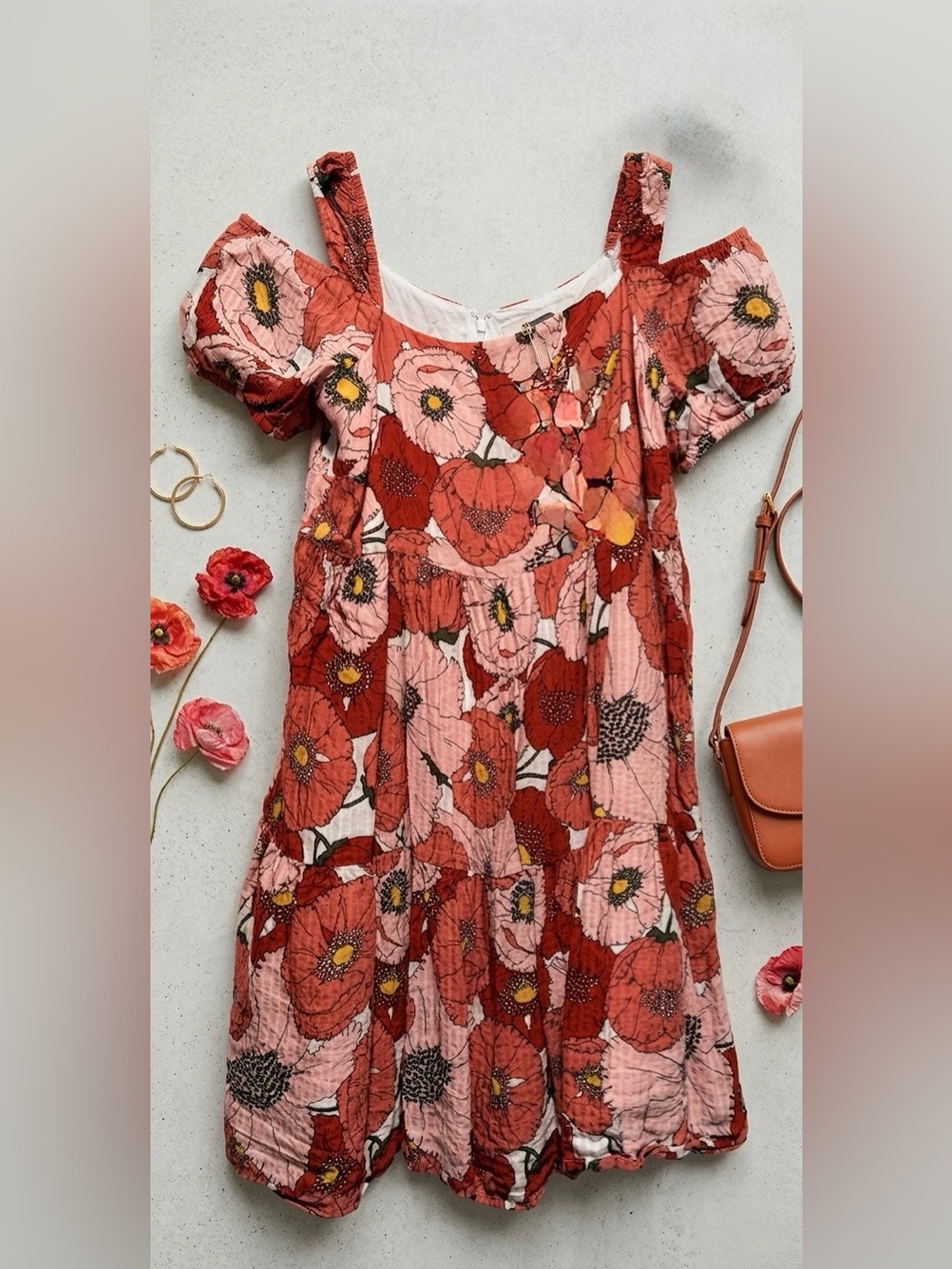 Loft Red & Pink Floral Puff-Sleeve Midi Dress